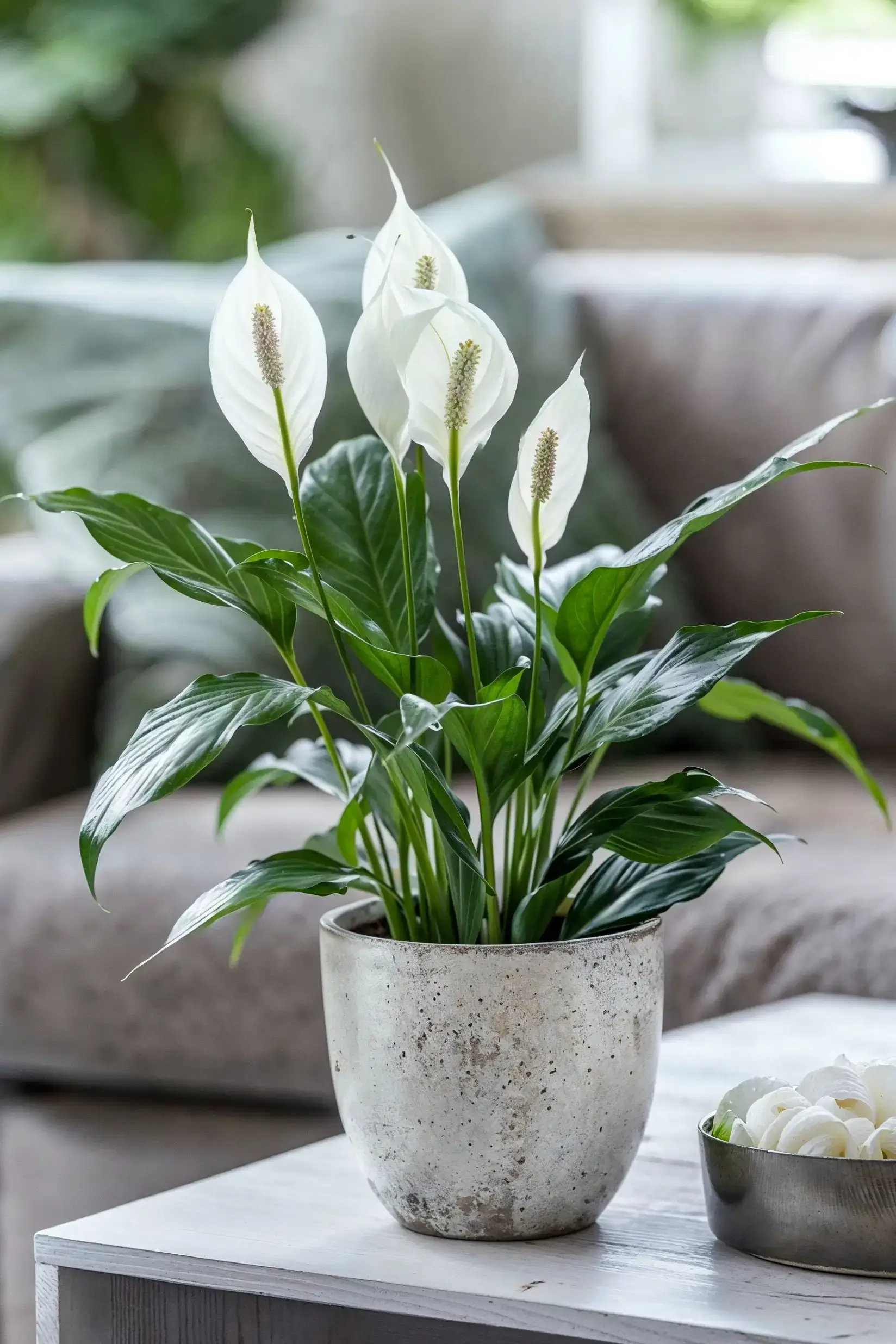 5 Tips for Growing Tropical Plants Indoors Successfully 1 A peace lily plant with lush green leaves and white spathes sits in a rustic stone pot on a white table. The peace lily's serene beauty demonstrates how growing tropical plants indoors can bring a touch of nature to your home decor.