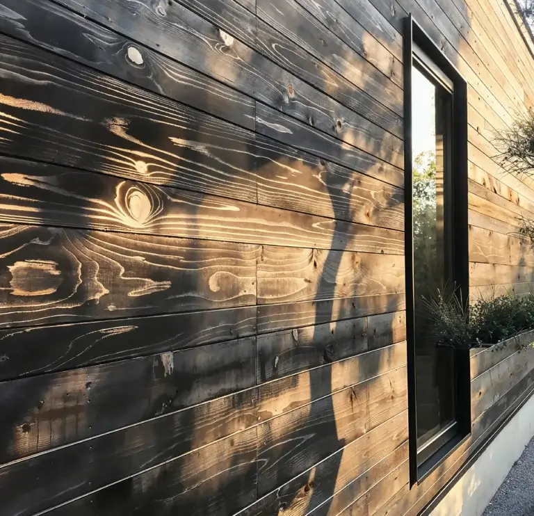 Close-up of a Shou Sugi Ban wooden wall with natural light casting shadows, highlighting the beautiful wood grain patterns.