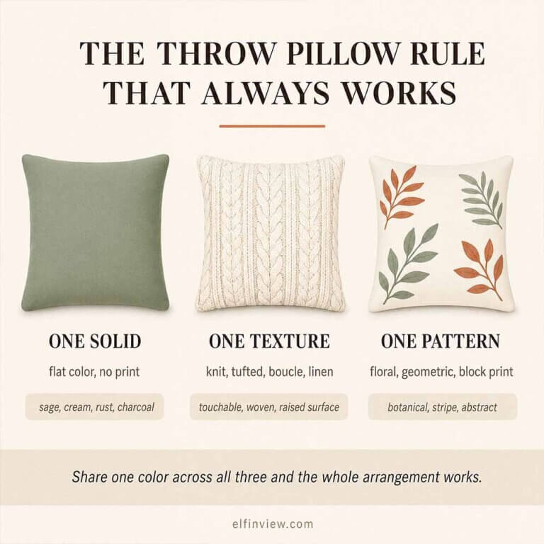 How to Choose Throw Pillows for Your Bed | 5 Proven, Perfect Tips 4 how to choose throw pillows for your bed? throw pillow formula for bed, one solid one texture one pattern rule showing three coordinating pillow types for a cohesive bed arrangement