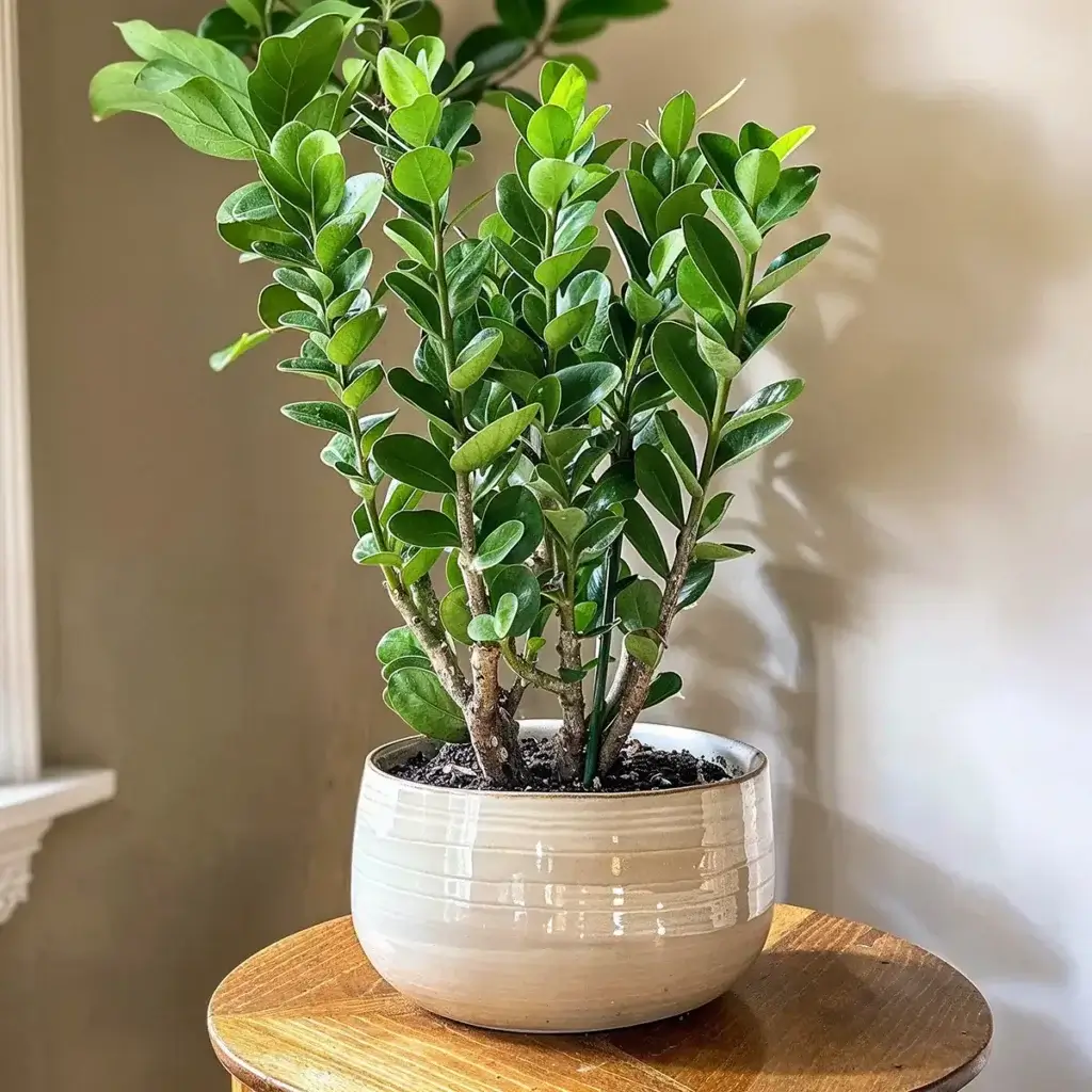 5 Tips for Growing Tropical Plants Indoors Successfully 7 A ZZ plant thrives in a white ceramic pot, its glossy green leaves adding a vibrant pop of color to the neutral background. This low-maintenance houseplant exemplifies the ease and elegance of growing tropical plants indoors.