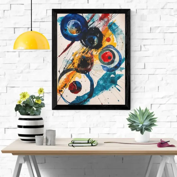 Bauhaus art print lifestyle view. on white brick wall over a white desk with plant