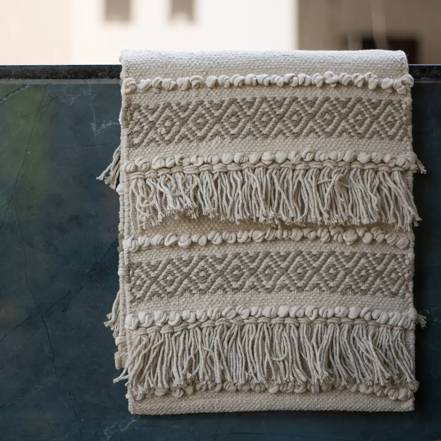 Boho Table Runner in Cream with Tassels | Textured Neutral Runner | 14 x 72 Inch 2 closeup Boho Textured Neutral Table Runner