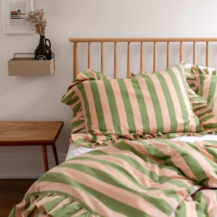 Cotton Duvet Cover in Green Stripe