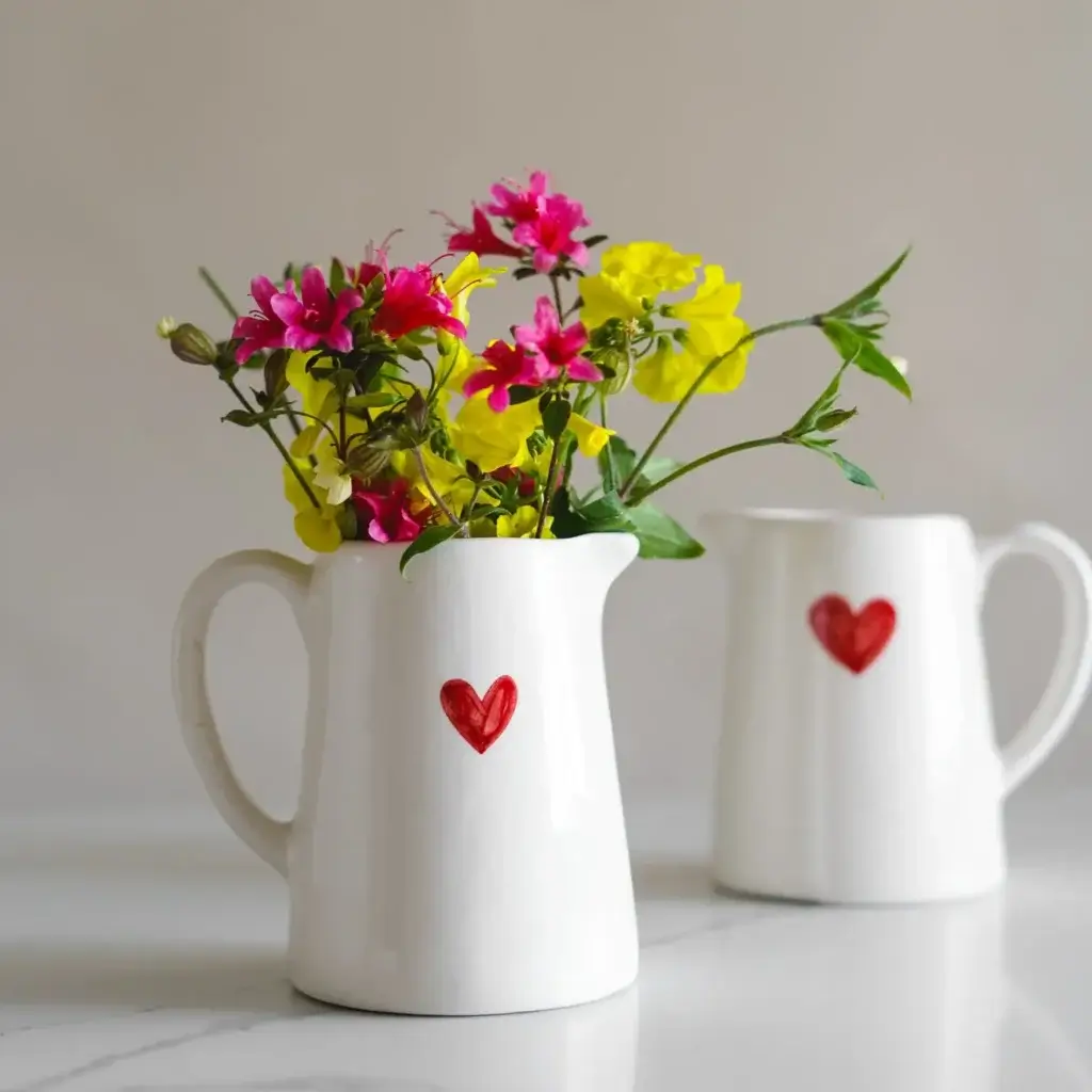 How to Care For Ceramic Tableware: A complete Guide (2024) 9 Heart Milk ceramic pitcher filled with fresh flowers on a white table- ceramic flower vase