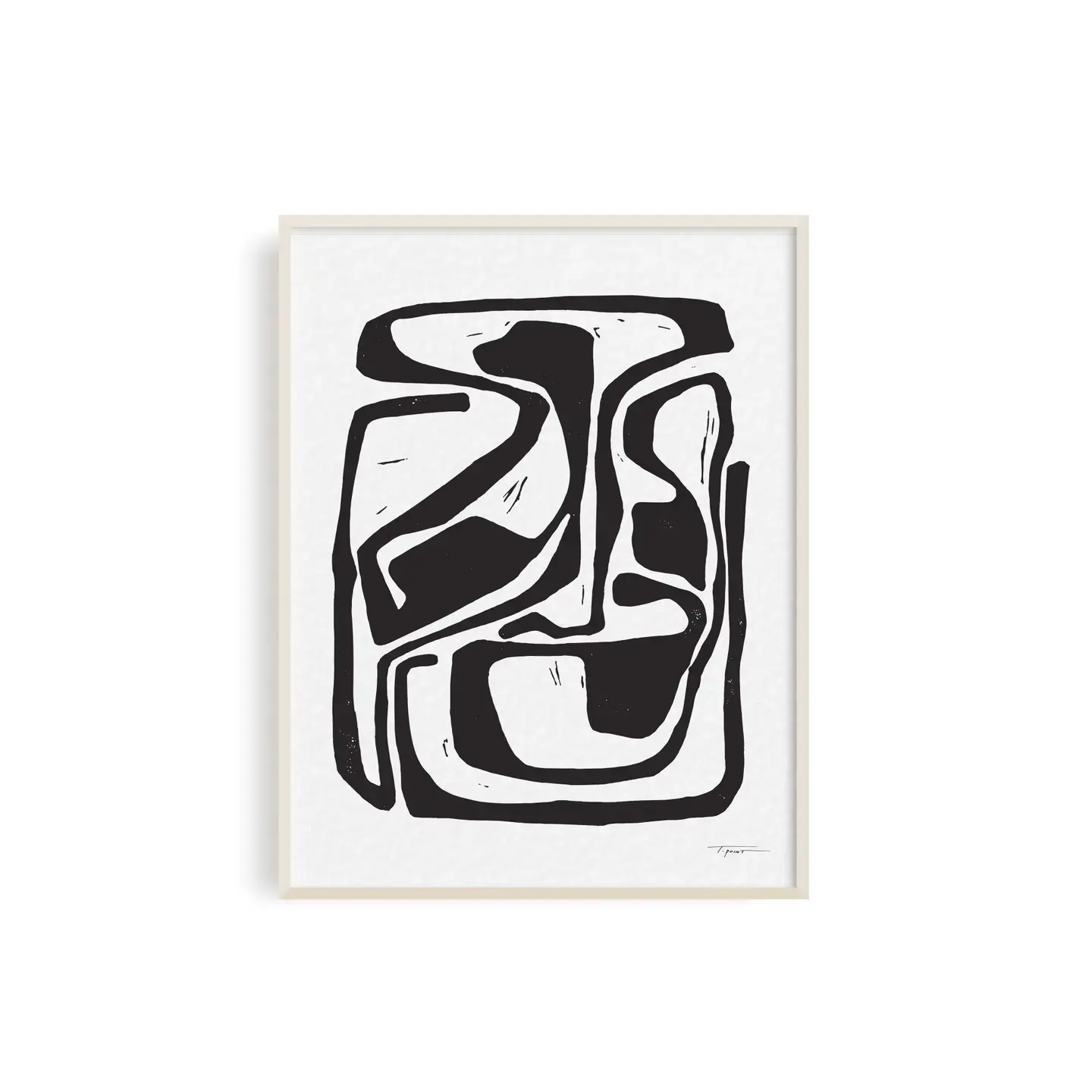 Black and white Bauhaus Block Print - Wall 3 Framed Bauhaus art print showcasing a striking black and white abstract design, hung on a white wall.