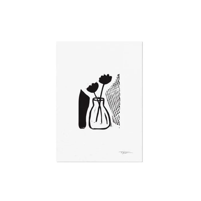 black and white Abstract Floral Mini Block Print floral Bauhaus art print featuring a bold, black and white abstract composition with curving lines and shapes.