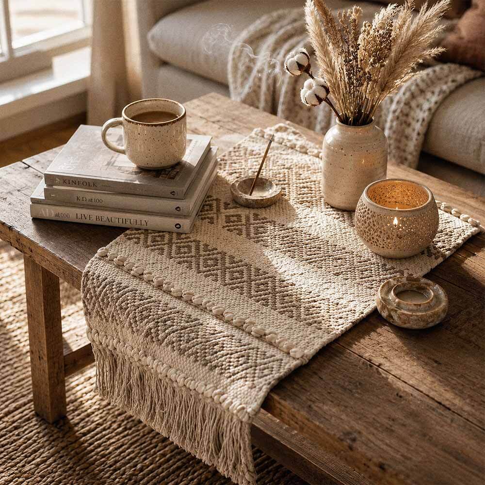 Boho Table Runner in Cream with Tassels | Textured Neutral Runner | 14 x 72 Inch 3 Cream table runner 14 x 72 inches with tassels, handmade cotton textile flat lay