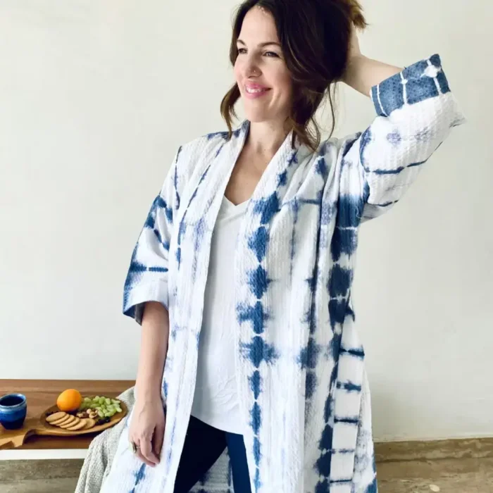woman wearing a Shibori robe- tie dye shibori