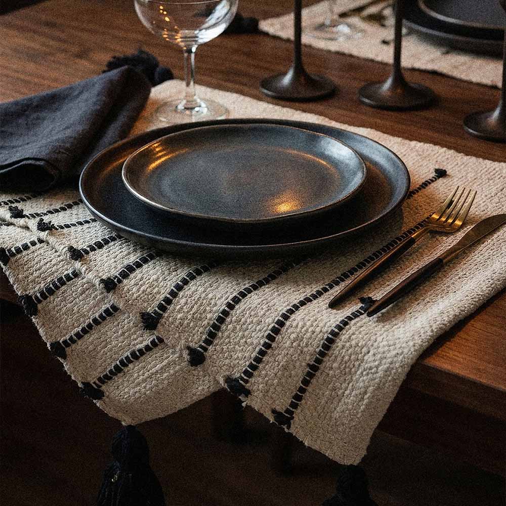 Cotton Placemats for Dining Table | Threadwork in Cream and Black | Set of 2 4 Handwoven cotton placemat tassel detail in black on cream natural fiber fair trade artisan finish