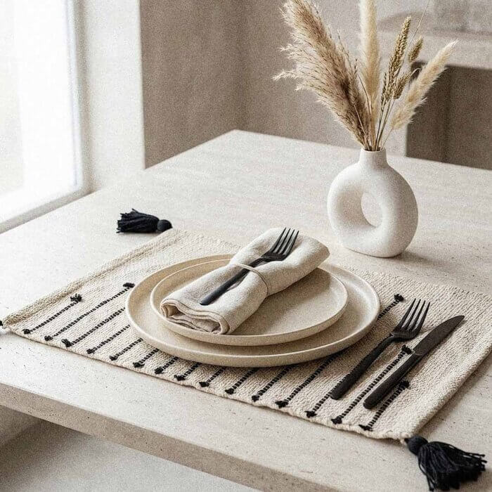 cotton-placemats-for-dining-table-cream-black-threadwork Table placemats cotton set of 2 in handwoven cream with black thread stripes and hand-knotted tassels