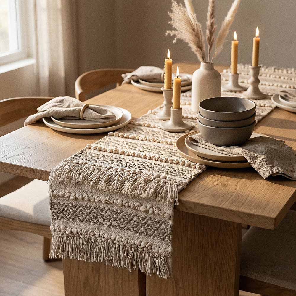 Boho Table Runner in Cream with Tassels | Textured Neutral Runner | 14 x 72 Inch 1 oho table runner in cream cotton with hand-knotted tassels on natural wood dining table