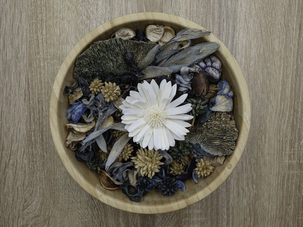 Natural Ways to make your house smell good Year-Round 3 Dried Flowers in Wooden Bowl- potpourri