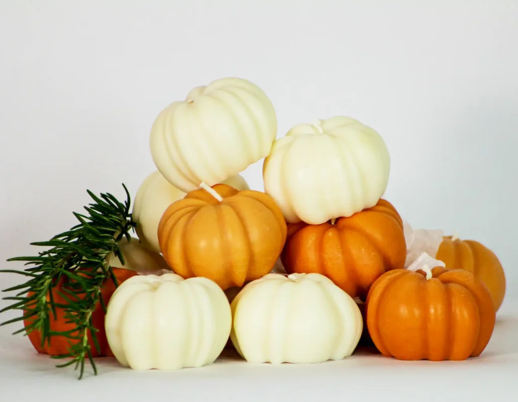 Pumpkin Fall Decorative Candles - Set of 3 6 a stack of fall decorative candles on white background