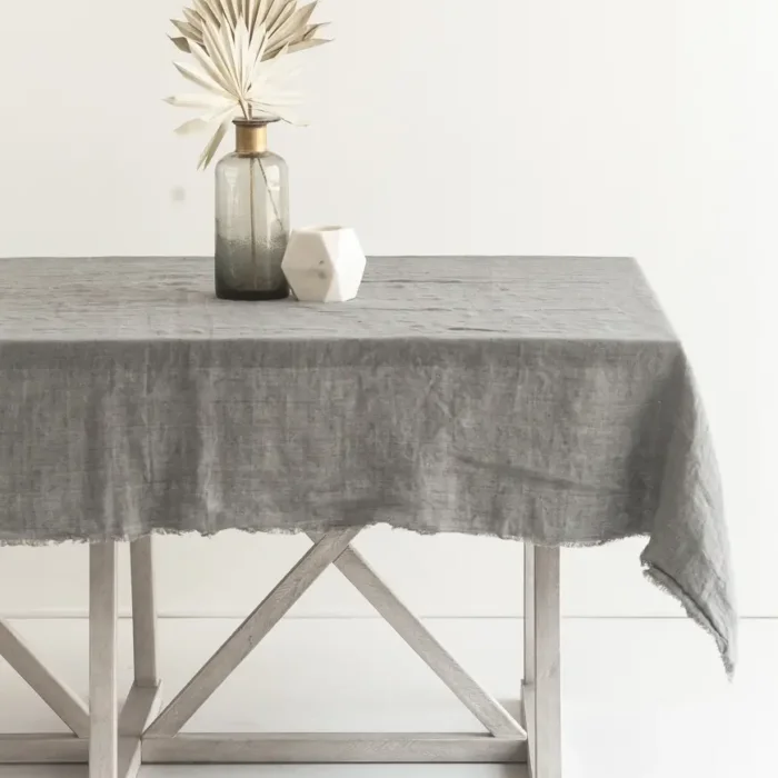 grey linen tablecloth on table