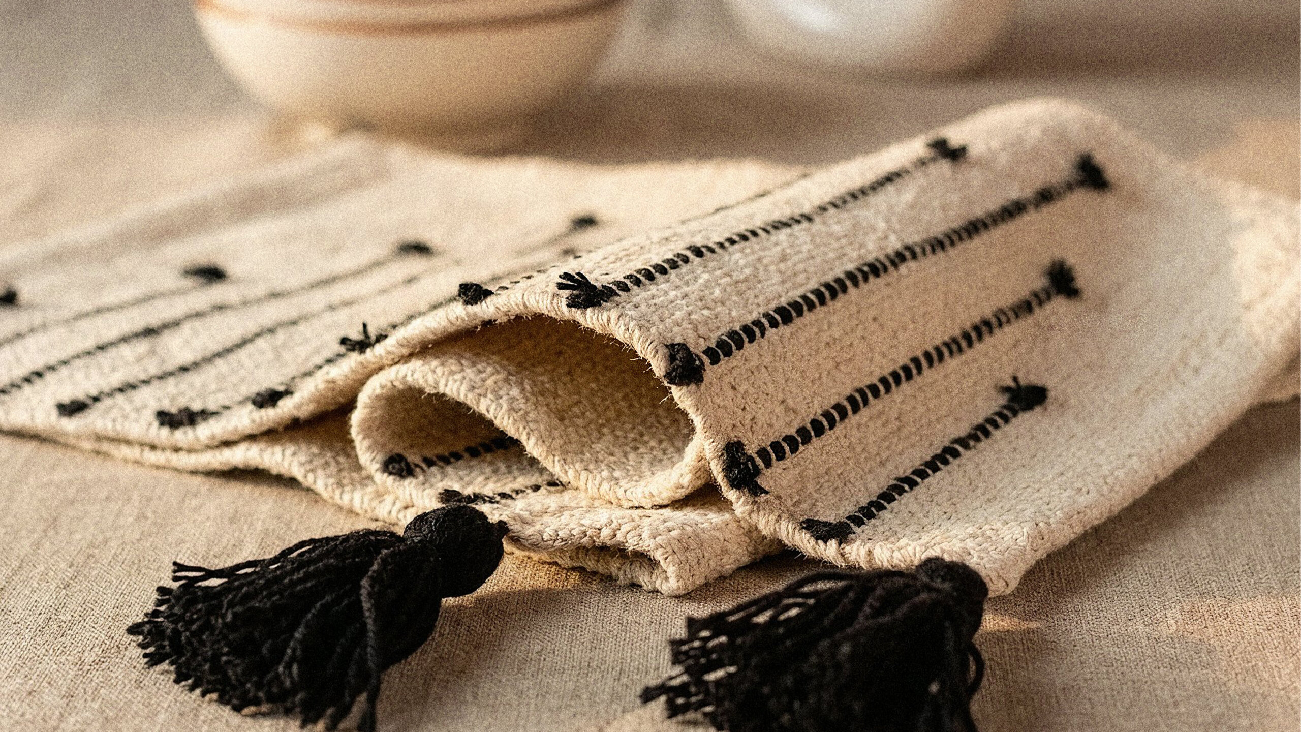 Cotton Placemats for Dining Table | Threadwork in Cream and Black | Set of 2 3 Cotton placemat dining table threadwork detail showing handwoven cream and black pattern on loom-made textile