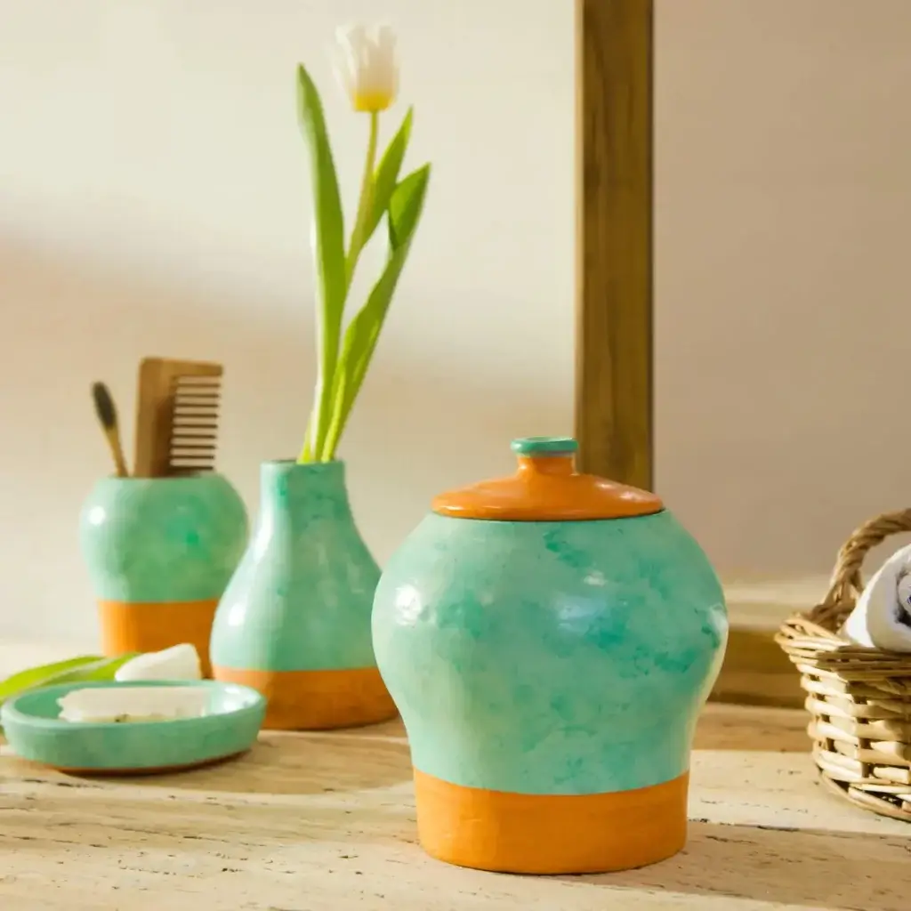 Washed Verdigris Lidded Ceramic Container 5 lidded container ceramics on bathroom counter