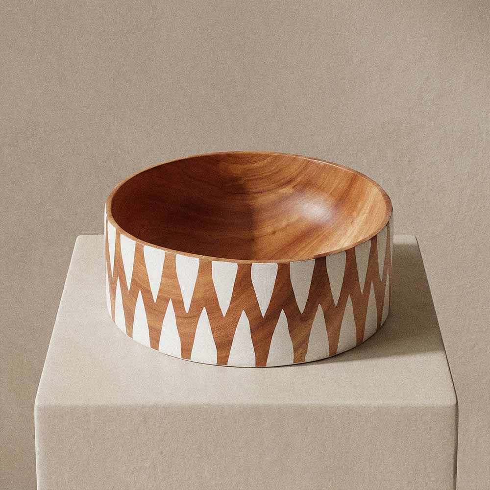 Extra Large Wooden Salad Bowl | Hand-Painted Neem Wood Bowl | Fair Trade 6 Deep wooden salad bowl 15.7 inch diameter showing natural unfinished Neem wood interior food-safe surface