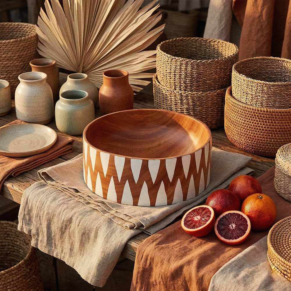 Extra Large Wooden Salad Bowl | Hand-Painted Neem Wood Bowl | Fair Trade 3 Handmade wooden salad bowl triangular pattern detail showing hand-painted white geometric design on natural Neem wood