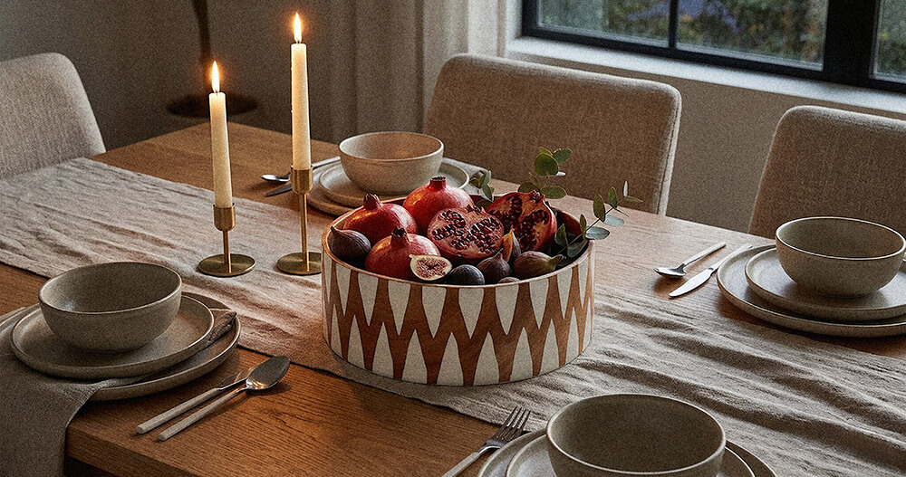 Extra Large Wooden Salad Bowl | Hand-Painted Neem Wood Bowl | Fair Trade 4 Neem wood salad bowl hand-painted side view showing graphic triangle pattern and wood grain detail