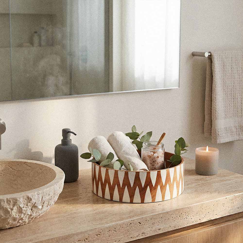 Extra Large Wooden Salad Bowl | Hand-Painted Neem Wood Bowl | Fair Trade 5 Large wooden serving bowl with hand-painted geometric pattern styled on natural pedestal with neutral background