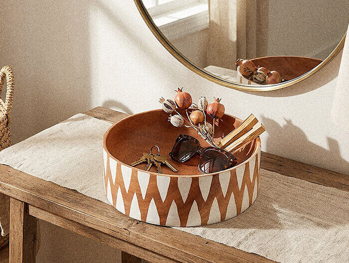 large wooden salad bowl Extra large wooden salad bowl hand-painted with white triangular pattern on Neem wood, fair trade artisan craft from India
