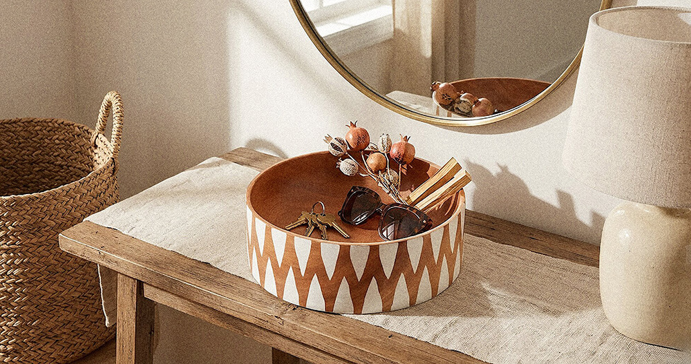 Extra Large Wooden Salad Bowl | Hand-Painted Neem Wood Bowl | Fair Trade 2 Extra large wooden salad bowl hand-painted with white triangular pattern on Neem wood, fair trade artisan craft from India