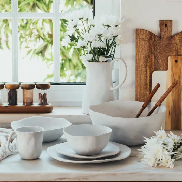 12-piece organic shape white ceramic dinnerware set with irregular handmade-style edges