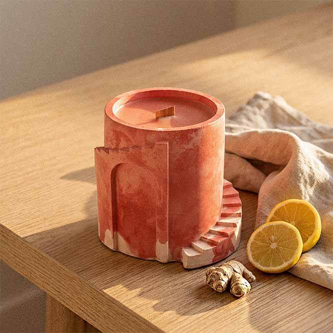 Lemon Ginger Scented Candle | Wood Wick | Handmade Cement Vessel | 50-Hour Burn 5 Ginger scented candle