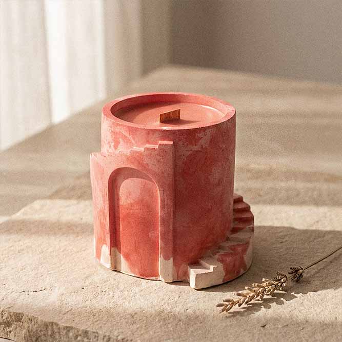 Lemon Ginger Scented Candle | Wood Wick | Handmade Cement Vessel | 50-Hour Burn 4 ginger and lemon scented candle with a botanicals on the side