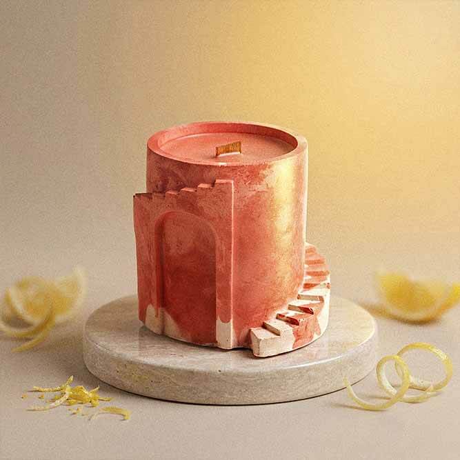 Lemon Ginger Scented Candle | Wood Wick | Handmade Cement Vessel | 50-Hour Burn 3 Lemon ginger scented candle in handmade cement jar with wood wick, styled with fresh lemon and ginger root on a wood surface