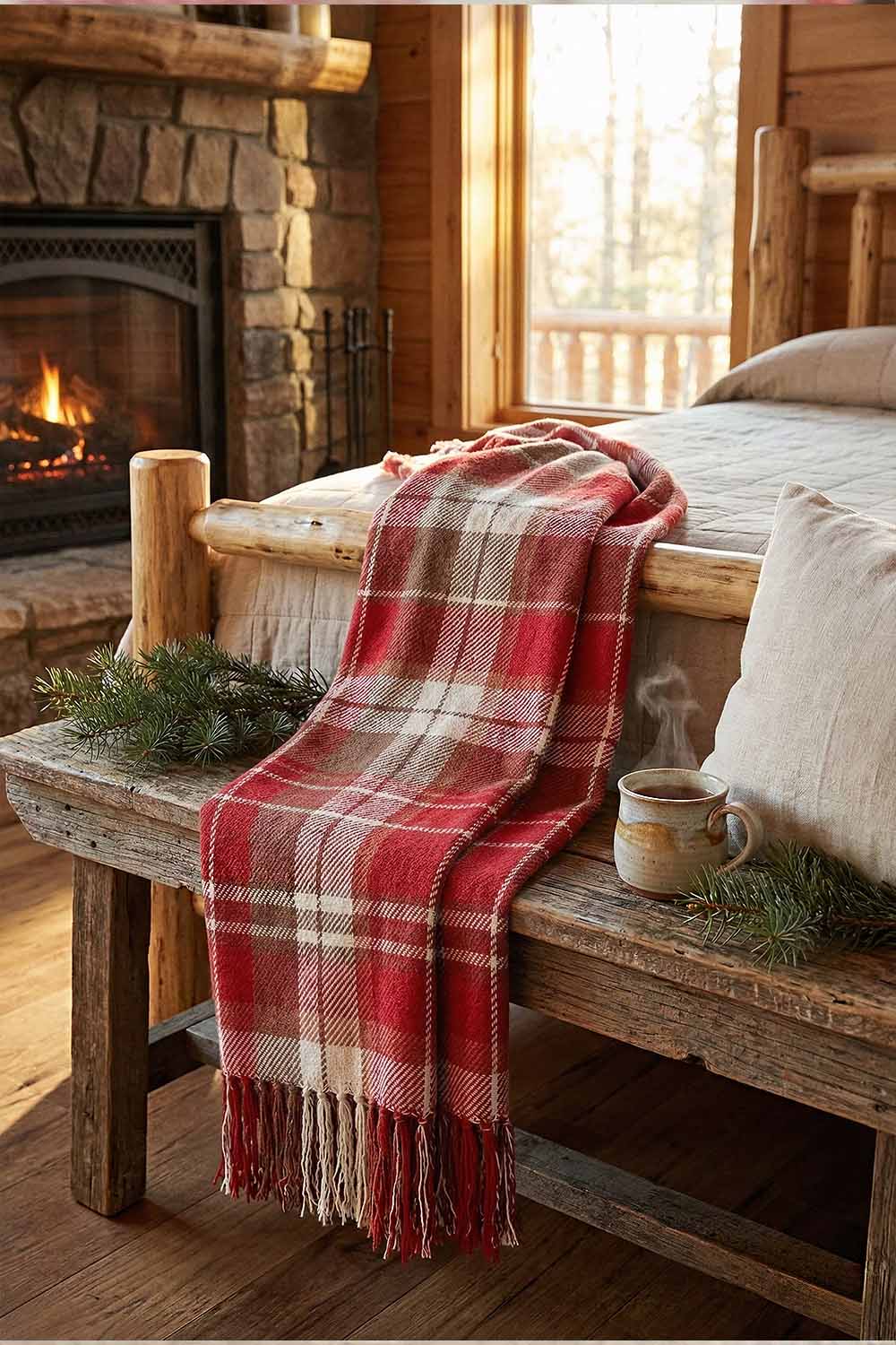 Red and White Plaid Throw Blanket with Fringe 3 A red plaid throw blanket neatly folded on a wooden table next to a stack of books. The image shows the thickness of the plaid throw blanket and how the vibrant red color adds a pop of warmth to home decor