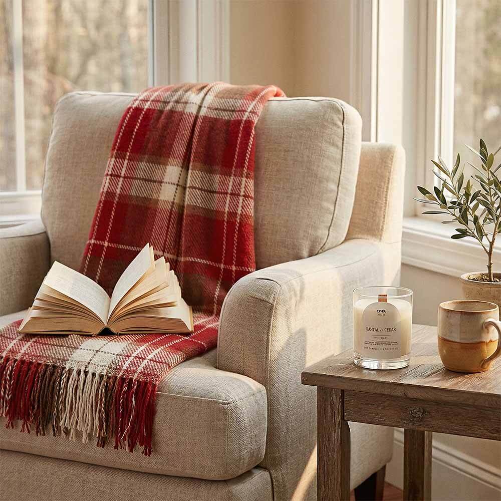 Red and White Plaid Throw Blanket with Fringe 4 A red plaid throw blanket styled on a light-colored armchair with an open book resting on it. The sunlight from a nearby window shines on the woven cotton fabric, showing the classic checkered design.