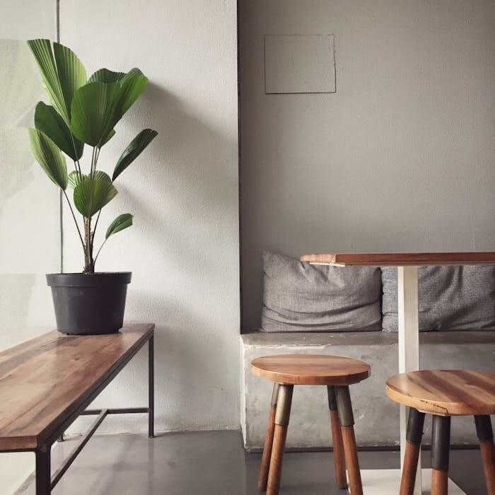 Sustainable Home Decor Brands: 15 Beautiful Eco-Friendly Brands to Know 7 A minimalist, modern indoor seating area with wooden furniture and a potted plant, perfect for a cozy home interior.
