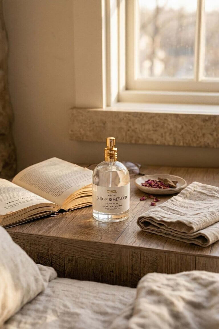 Thoughtfully Sourced, Responsibly Made: Home Decor Reimagined 10 oud Room spray beside open book