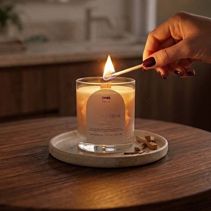 santal and cedar scented candle santal and cedar scented candle. A hand lighting the Santal and Cedar soy wax candle with a match. The scene features wood sticks and pinecones on a dark wooden table to highlight the earthy, woodsy scent profile of the Estate No. 01collection.