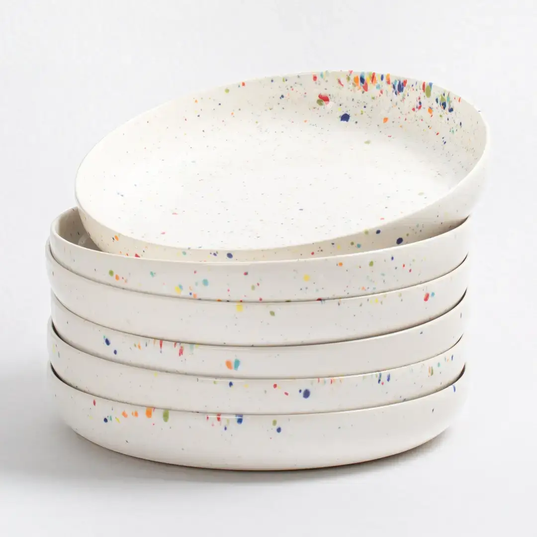 White Stoneware Pasta Plate Set – Set of 6 Low Pasta Bowls With Large Sering Bowl