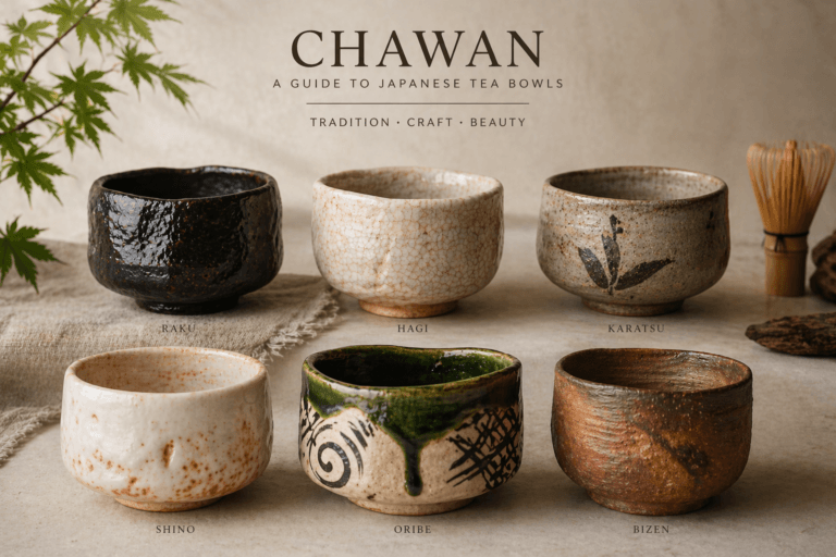Hero image featuring six traditional Japanese chawan tea bowls arranged on a neutral surface, showcasing different ceramic styles including Raku, Hagi, Karatsu, Shino, Oribe, and Bizen. Each bowl has a unique shape, glaze, and texture, from glossy black and crackled white to earthy unglazed clay and bold green glaze. A bamboo whisk sits to the side, with soft natural lighting and a calm, minimalist tea ceremony aesthetic.