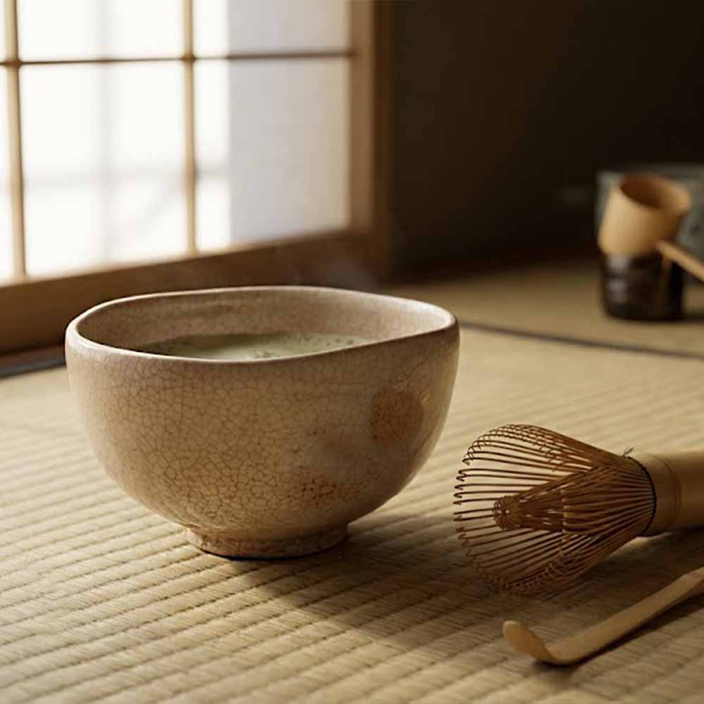 What Is a Chawan? A Guide to the Japanese Matcha Bowl 3 A handcrafted Hagi chawan tea bowl used in a traditional Japanese tea ceremony, soft asymmetrical shape, light earthy tones with delicate crackled glaze, slight discoloration from years of tea use, placed on tatami mat with bamboo whisk and tea scoop