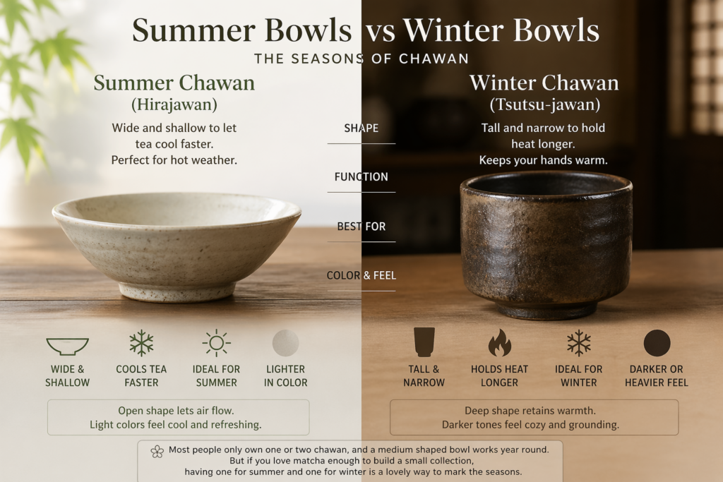What Is a Chawan? A Guide to the Japanese Matcha Bowl 8 Side-by-side comparison of Japanese tea bowls showing a wide, shallow light-colored summer chawan on the left and a tall, narrow dark winter chawan on the right. The summer bowl is designed to cool tea faster and feels light and open, while the winter bowl is deeper to retain heat and keep hands warm. The infographic highlights differences in shape, function, and overall feel between seasonal chawan.