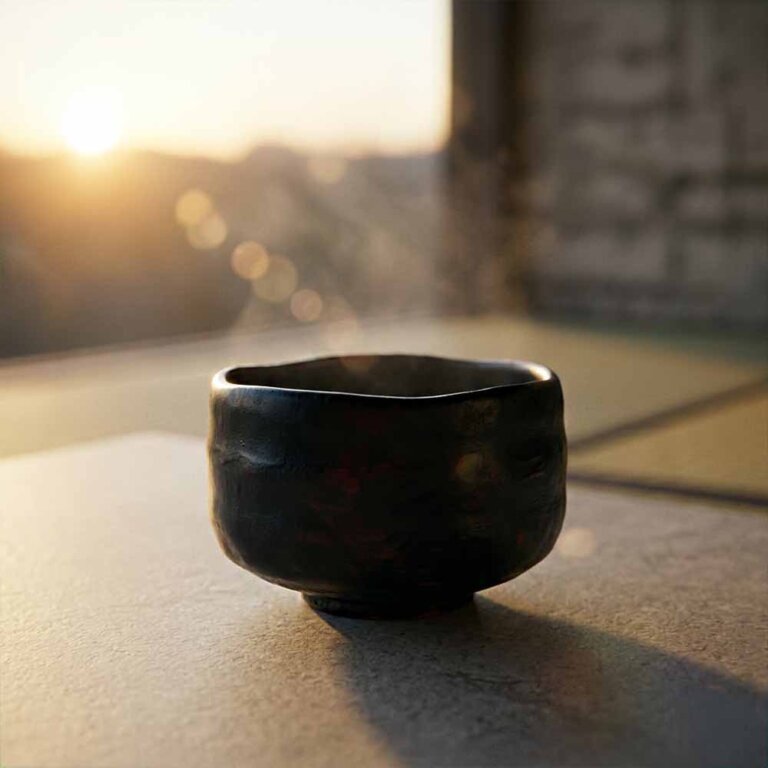 What Is a Chawan? A Guide to the Japanese Matcha Bowl 2 A traditional Japanese Raku chawan tea bowl, hand-shaped and slightly asymmetrical, with a soft uneven rim and organic form, deep matte black glaze with subtle red undertones, thick ceramic walls, visible hand-molded texture, placed on a neutral stone surface