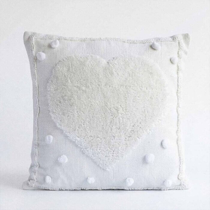 Tufted pillow cover in white cotton with hand-tufted heart and pom detail, 18 x 18 inch decorative pillow handmade in Indi
