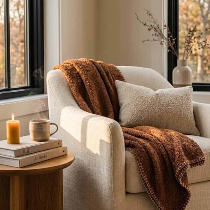 Cozy rust cotton throw blanket with boucle texture, ideal for boho living room or bedroom decor.