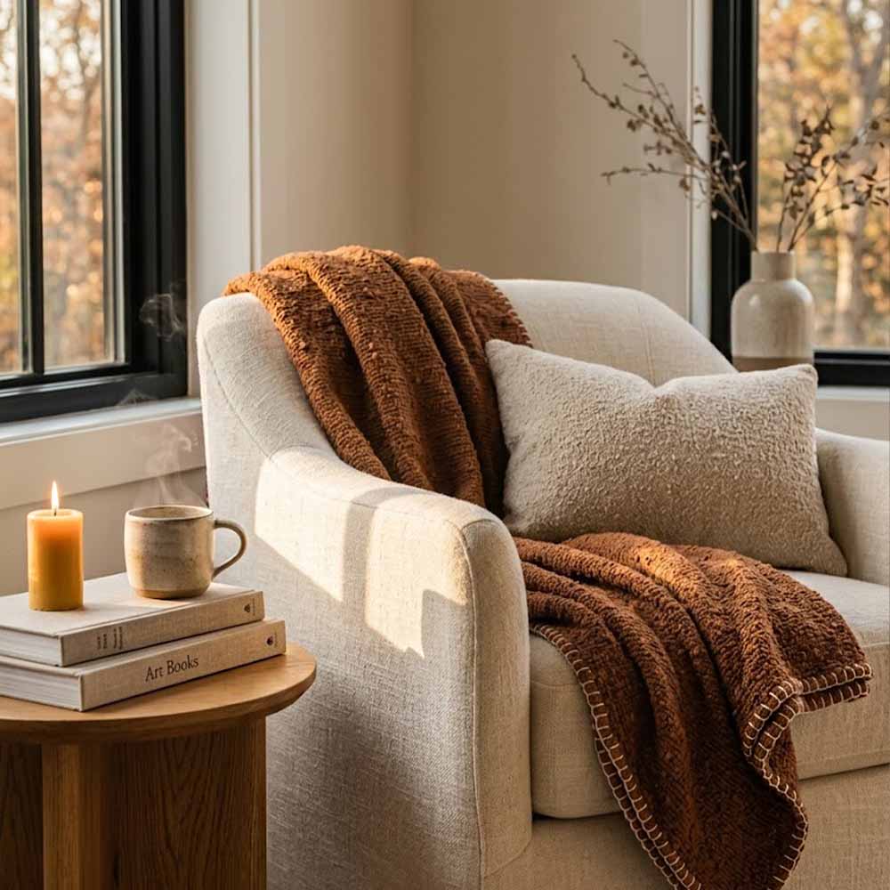 Boucle Throw Blanket | Boho Cotton Boucle Throw Blanket 1 Cozy rust cotton throw blanket with boucle texture, ideal for boho living room or bedroom decor.