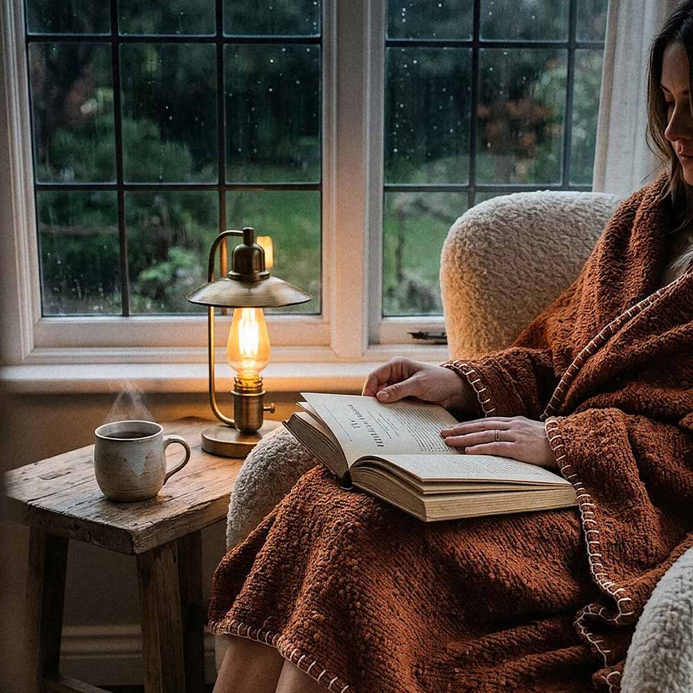 Boucle Throw Blanket | Boho Cotton Boucle Throw Blanket 4 Textured cotton throw blanket in a warm rust color with soft boucle fabric and decorative stitched edges.