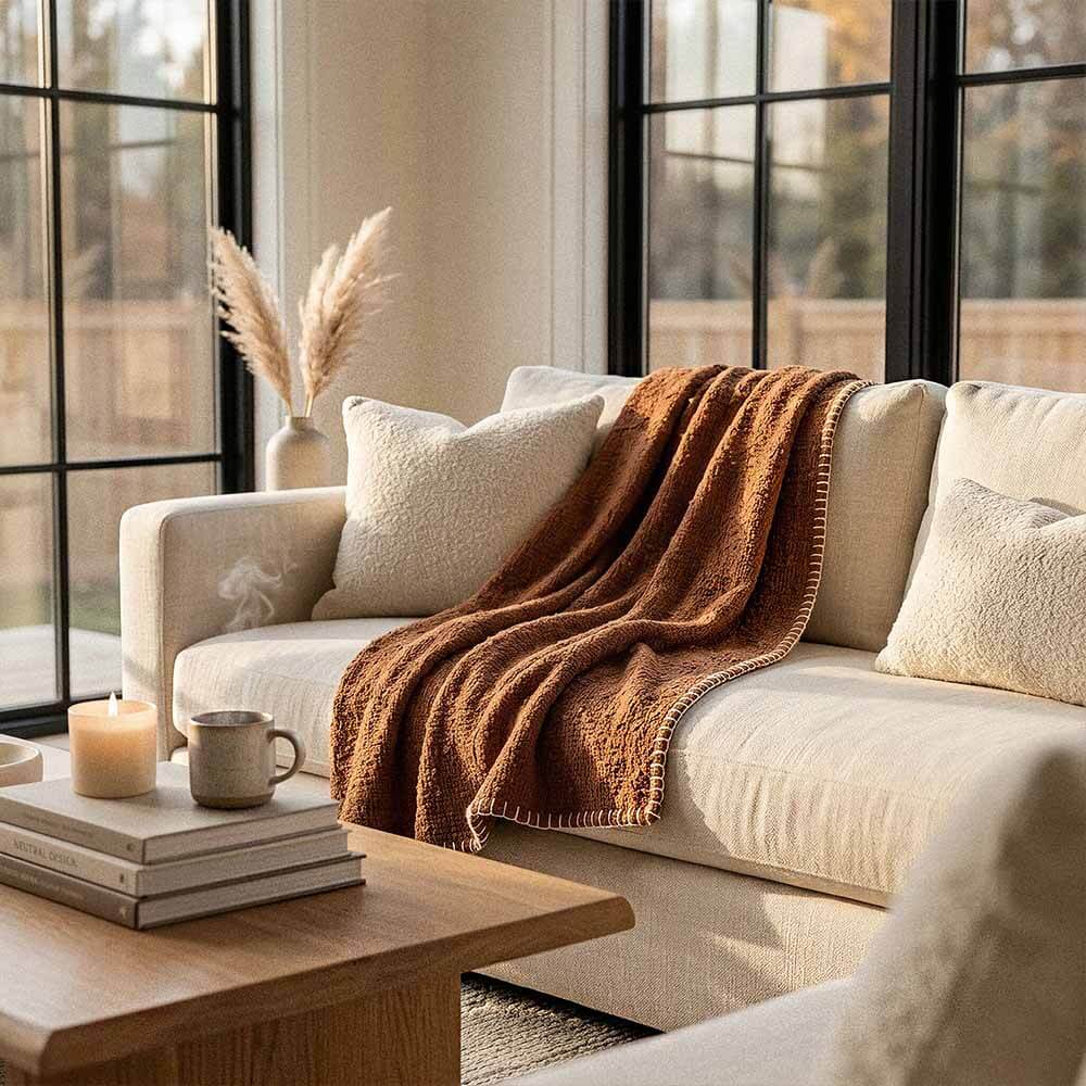 Boucle Throw Blanket | Boho Cotton Boucle Throw Blanket 3 Rust boucle throw blanket made from 100% cotton, perfect for adding warm texture to a sofa
