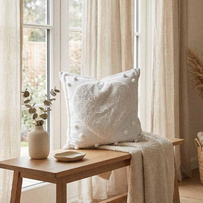 Tufted decorative pillow cover handmade in India showing white-on-white cotton tufting and pom texture
