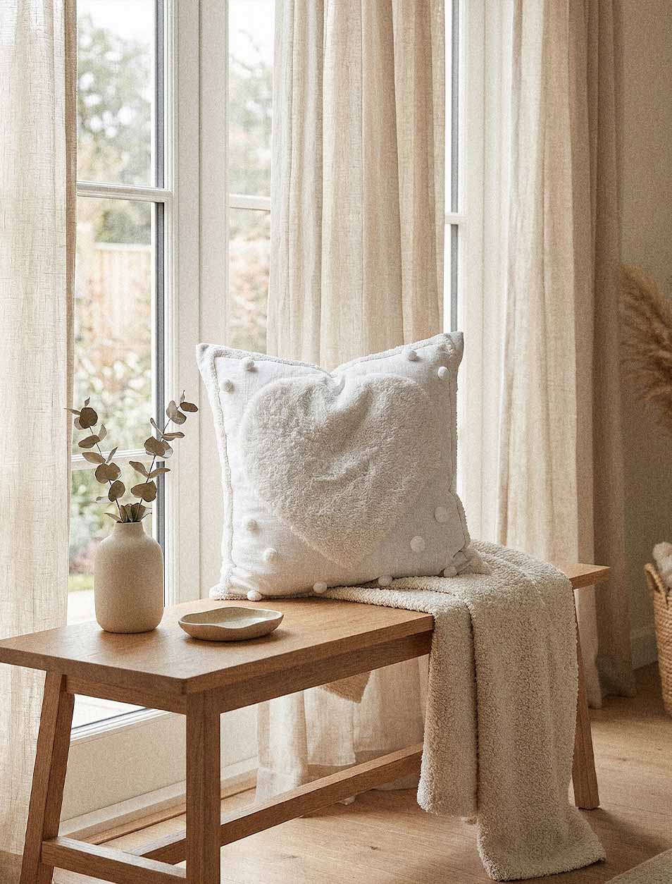 White Heart Tufted Pillow Cover | 18 x 18 Pillow Cover 2 Tufted decorative pillow cover handmade in India showing white-on-white cotton tufting and pom texture