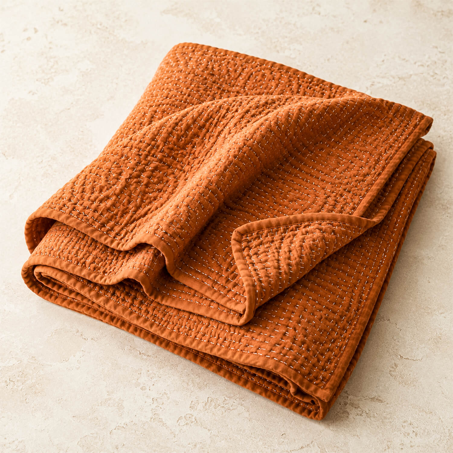 Terracotta Kantha Throw Blanket | 100% Cotton 1 Terracotta Kantha throw blanket in 100% cotton with textured stitching