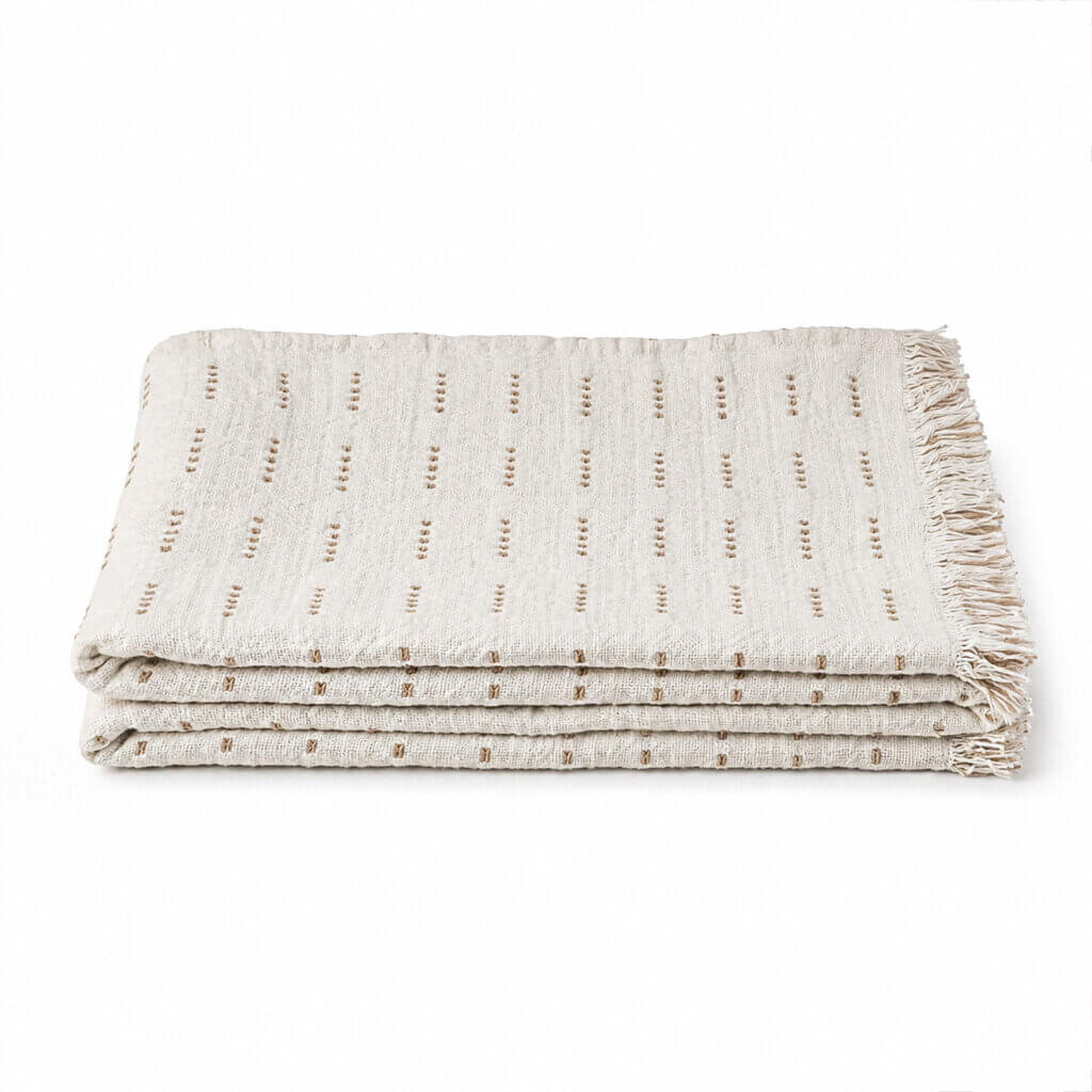 Mid Century Diamond Patterned Tufted Decorative Pillow Cover 6 Lightweight cotton throw blanket in cream with beige woven details and fringe