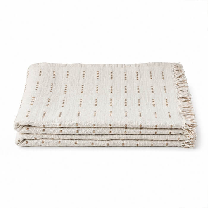Lightweight cotton throw blanket in cream with beige woven details and fringe